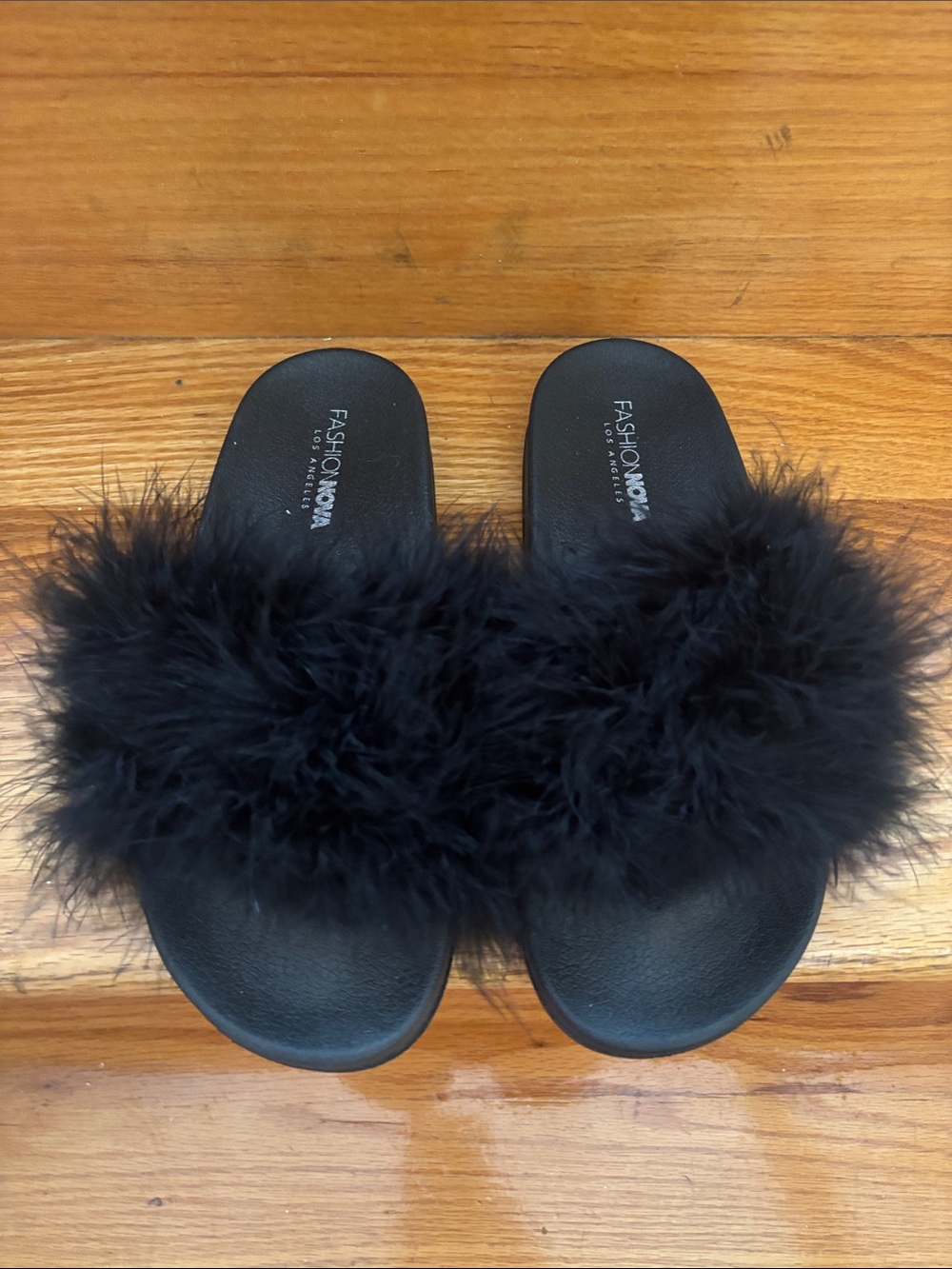 Fashion Nova Black Faux Feather Slide Sandals